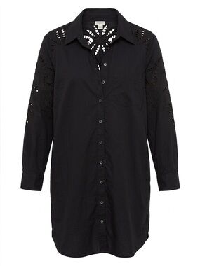 Sundance L Black Embroidered Eyelet Tunic Shirt Dress Cotton Button Front Boho
